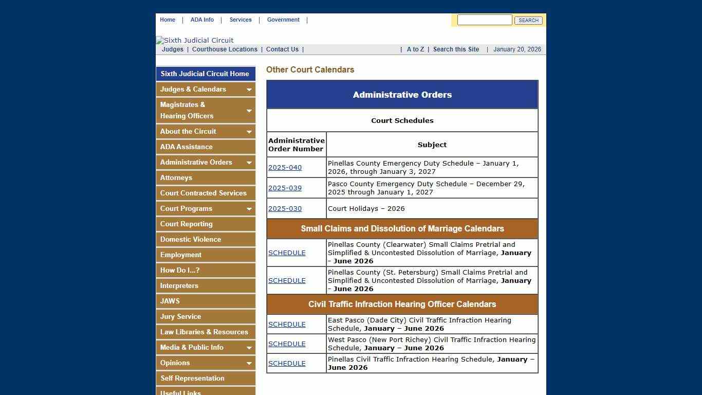 Sixth Judicial Circuit of Florida - Pinellas and Pasco Counties - Other Court Calendars