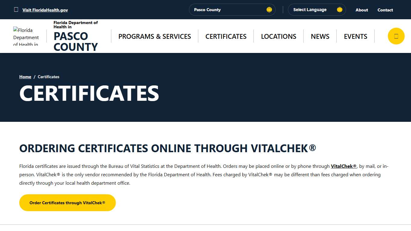 Certificates - Florida Department of Health in Pasco County