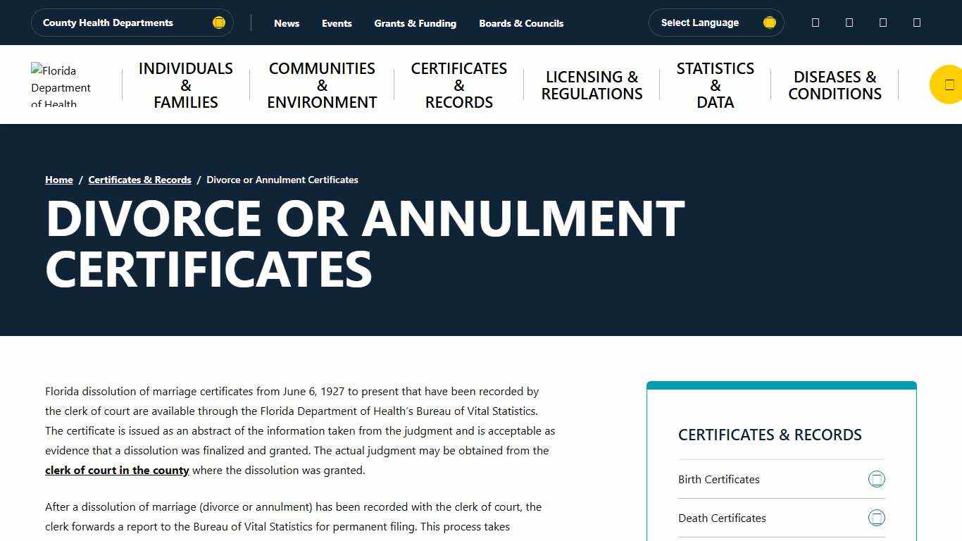 Divorce or Annulment Certificates - Florida Department of Health